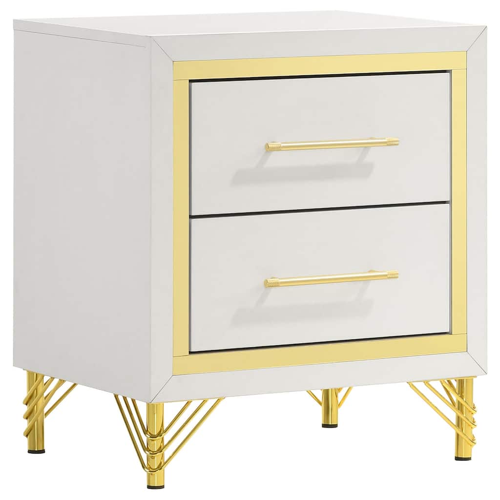 Jenny Nightstand, 2 Drawers, Hairpin Style Legs in Gold, Bar Handles, White