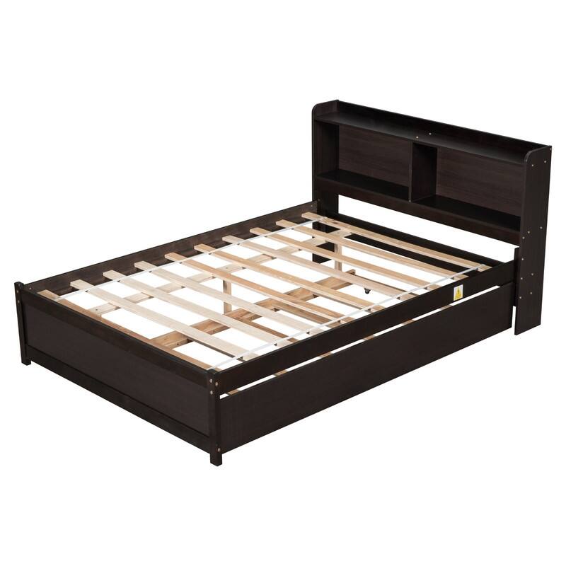 Full Size Platform Bed with Trundle and Bookcase