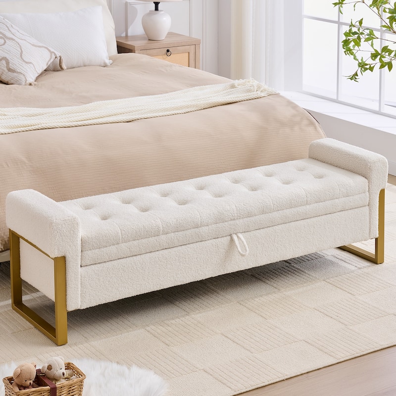 66" Storage Bench for Bedroom End of Bed with Single Lids and Gold Legs