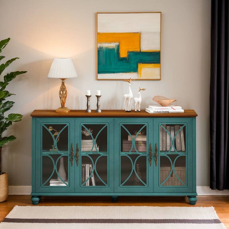 Buffet Cabinet with 4 Tempered Glass Doors, Wooden Accent Console Table, Large Sideboard with Adjustable Shelves