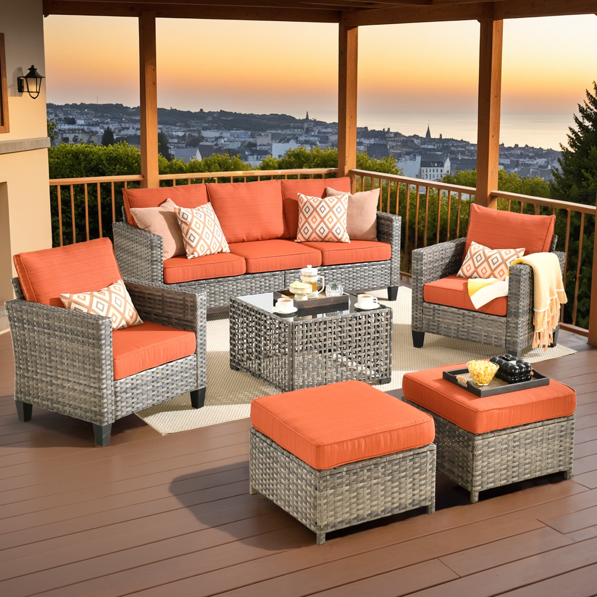 OVIOS 6 Pieces Outdoor Wicker Sectional Set With Solar-Powered
