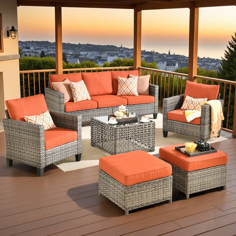 OVIOS 6 Pieces Outdoor Wicker Sectional Set With Solar-Powered Table - Orange/Red