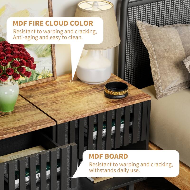 Modern Wooden Nightstand Set of 2，Storage Cabinet with Slatted Drawer Decoration and Shelves, End Tables Bedroom with Metal Legs