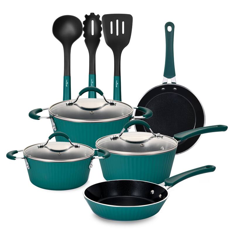 NutriChef 11 Piece Nonstick Elegant Lines Pattern Kitchen Cookware Set, Teal - 15.92