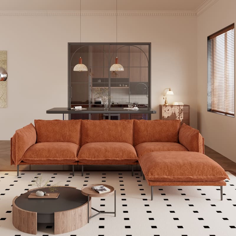 111.02'' Down Filled Sectional Sofa Couch Chenille Fabric Upholstery L-Shaped Sofa with Ottoman - Orange