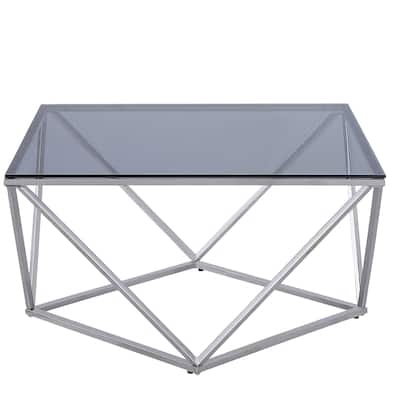 Tempered Glass Top Cocktail Table with Geometric Base, Chrome