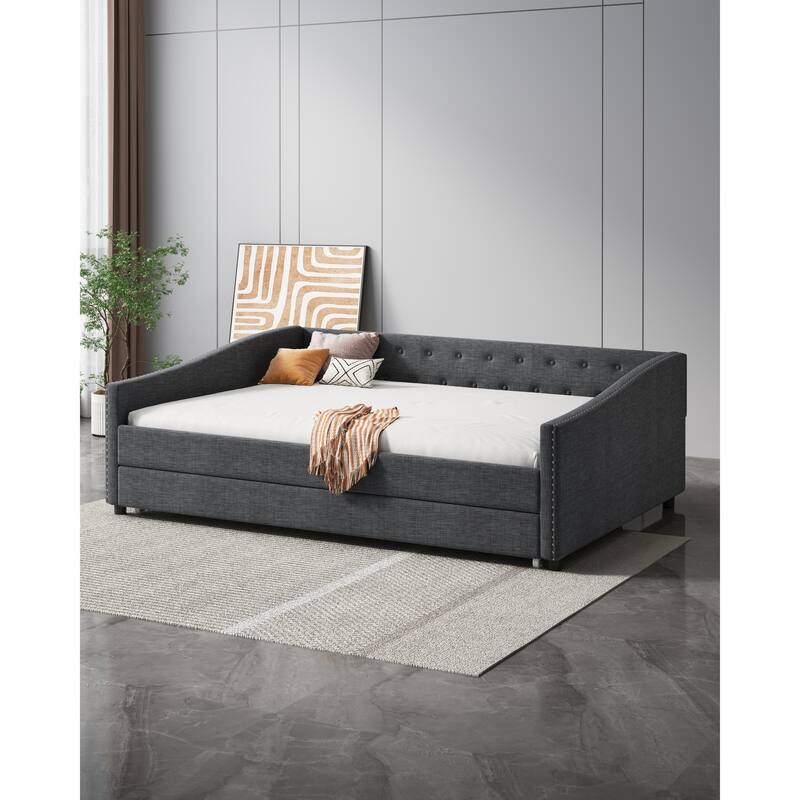 Linen Tufted Daybed with Trundle, Upholstered Platform Sofa Bed Frame, Wooden Slat Support - DARK GREY - Full