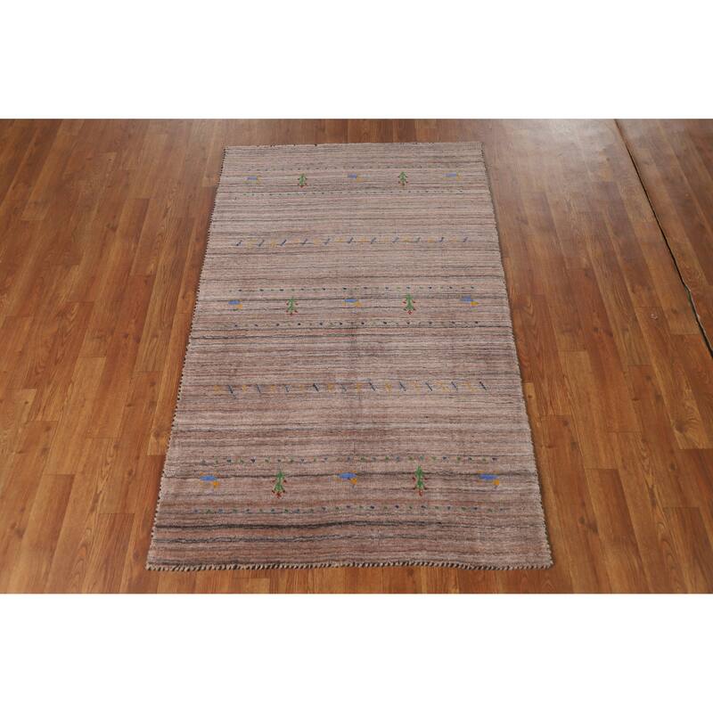 Hand Knotted Oriental 100% Wool Carpet Tribal Stripe Brown Gabbeh Area Rug - 4' 10'' X 3' 0''