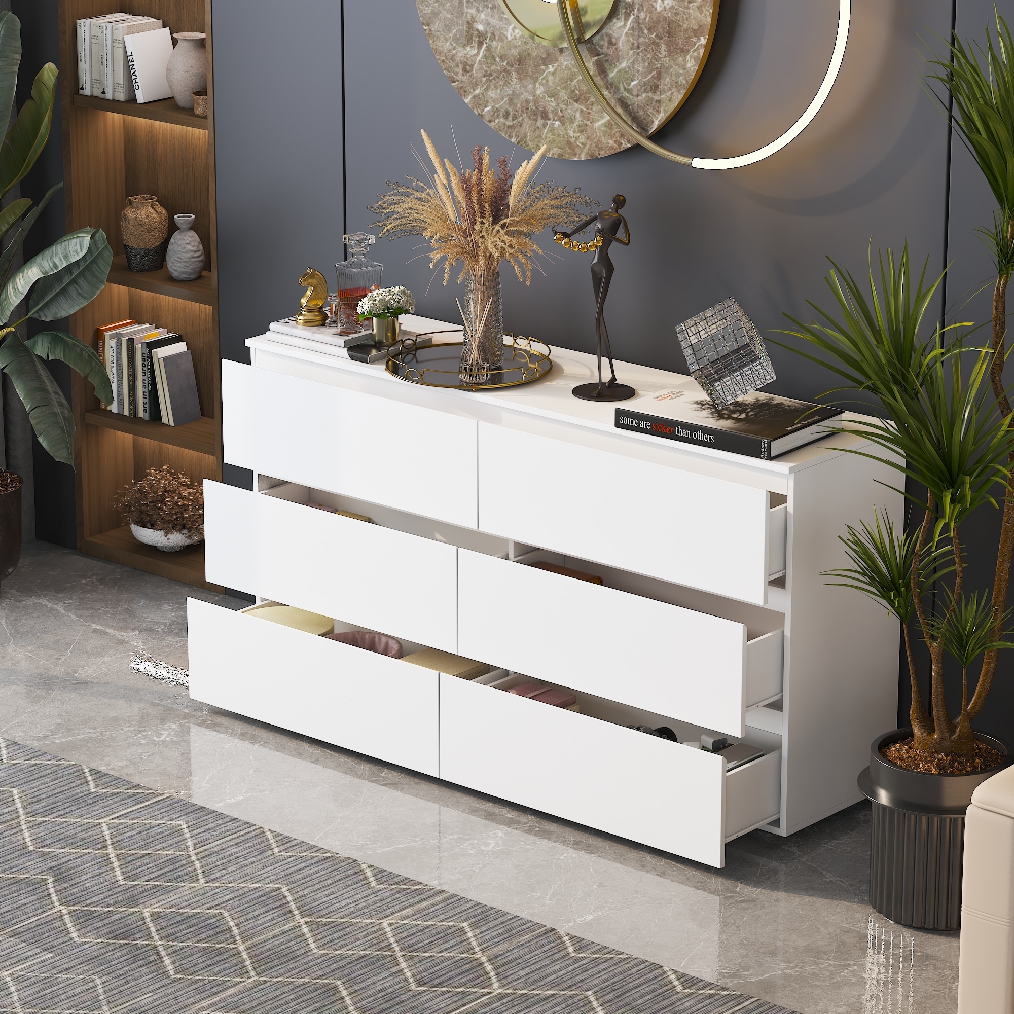 HOMEVOL 59" Modern Space Saving 6 Drawer Double Dresser Buffet Sideboard Chest Cabinet