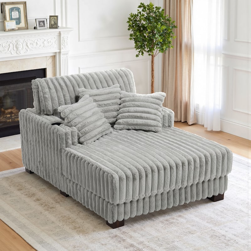 41.7" W Upholstered Plush Corduroy Chaise Lounge withe Pillows - Light Grey