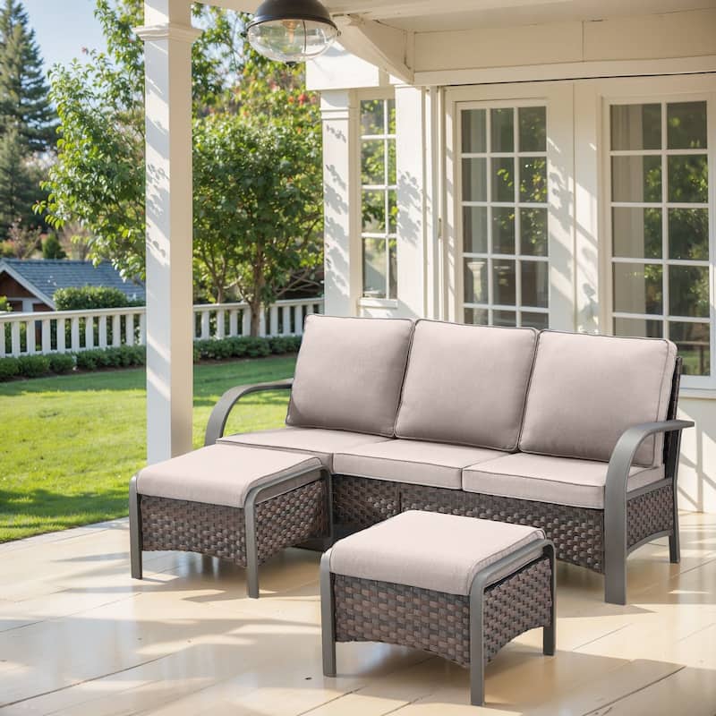 Pocassy Outdoor Sofa Ottomans Patio Furniture - Beige Cushion - 3PCS Sofa with Ottoman
