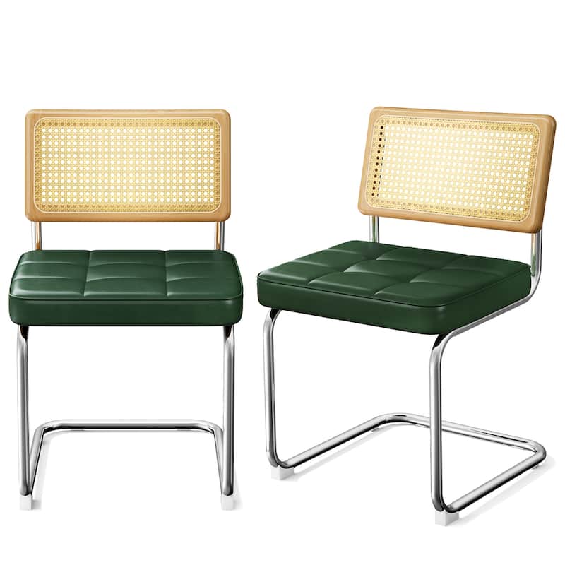 Natural Rattan Dining Chairs with Solid Wood Back, Upholstered Faux Leather (Set of 2) - Green
