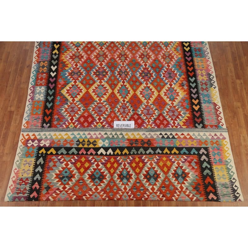 Orange Kilim Area Rug Hand-Woven Geometric Wool Carpet - 8'1" x 11'8"
