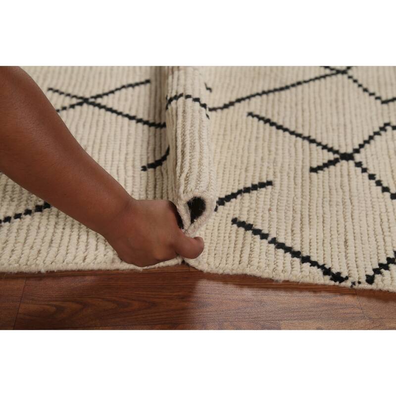 Hand Knotted Oriental 100% Wool Carpet Modern All-Over Beige & Ivories Moroccan Runner Rug - 13' 3'' X 3' 10''