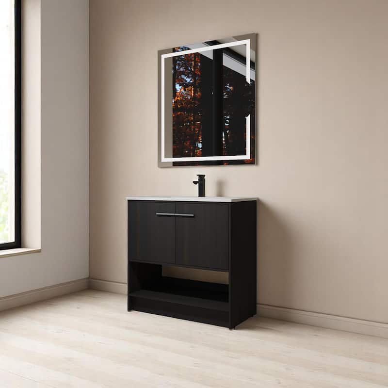 36 Inch Freestanding Bathroom Vanity with Eco-Friendly Plywood, Ceramic Sink & Soft Closing Doors - Dark Oak