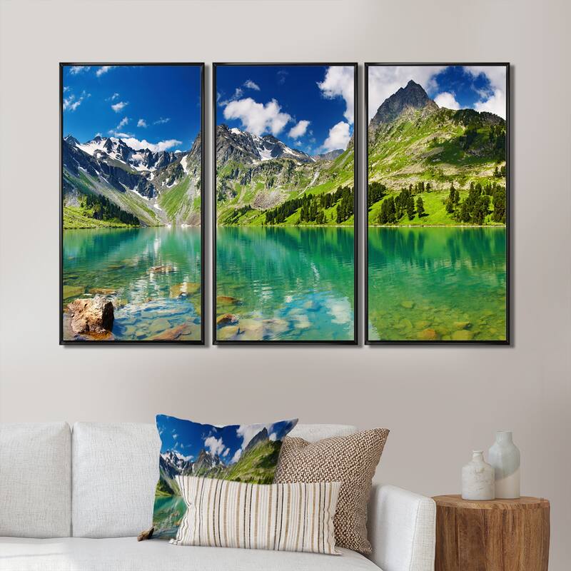 Designart "Bright Day Mountain Lake" Landscape Framed Wall Art Set of 3