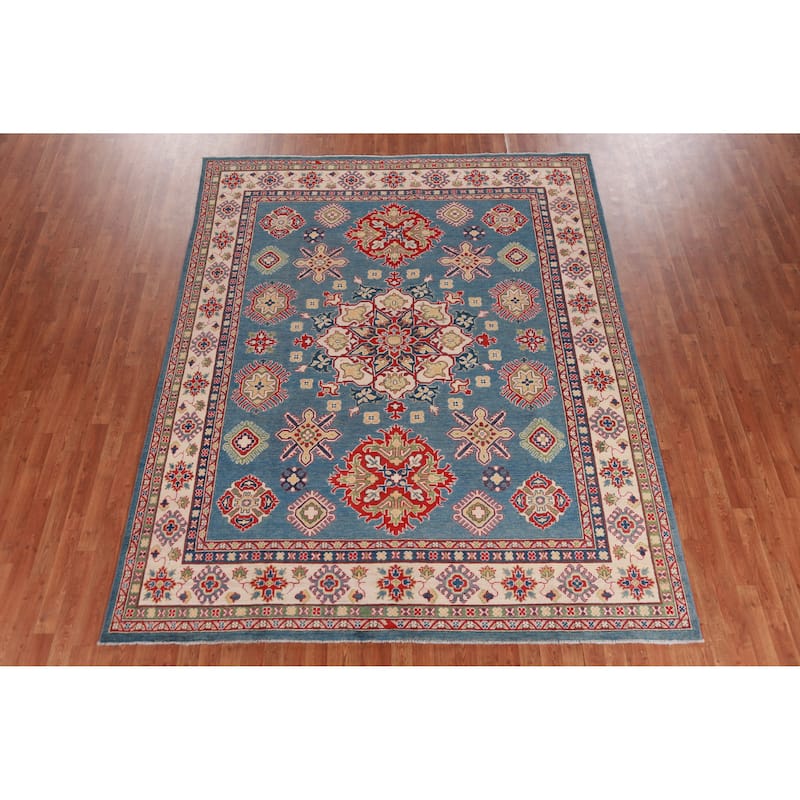 Hand Knotted Oriental 100% Wool Carpet Traditional Medallion Navy Blue & Blues Kazak Area Rug - 9' 11'' X 7' 10''