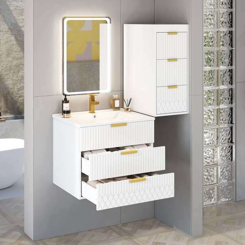 Roomfitters 24 Inch Wall Mounted Floating Vanity & Side Cabinet Combo, Modern Storage Station with Ceramic Basin Sink - White