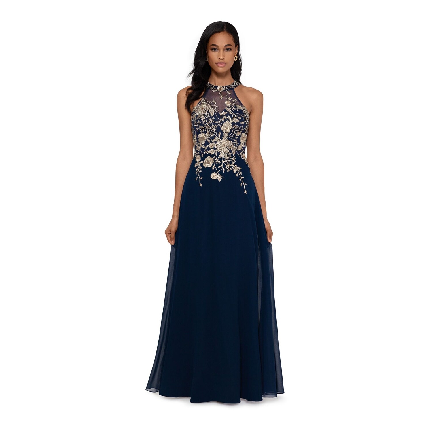BETSY & ADAM Navy Sleeveless Full-Length Dress 10P