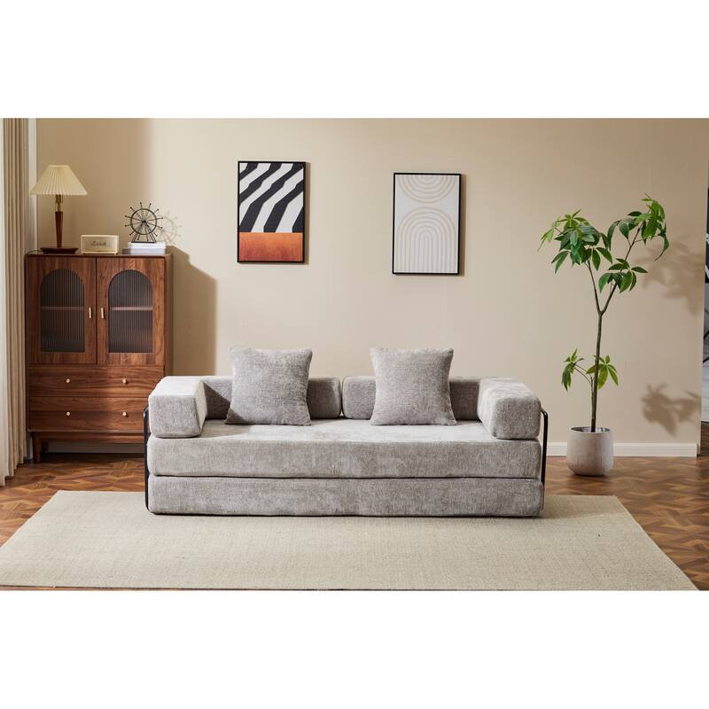 Convertible Floor Sofa Bed in Light Grey Chenille Fabric, 77x37x24 inches