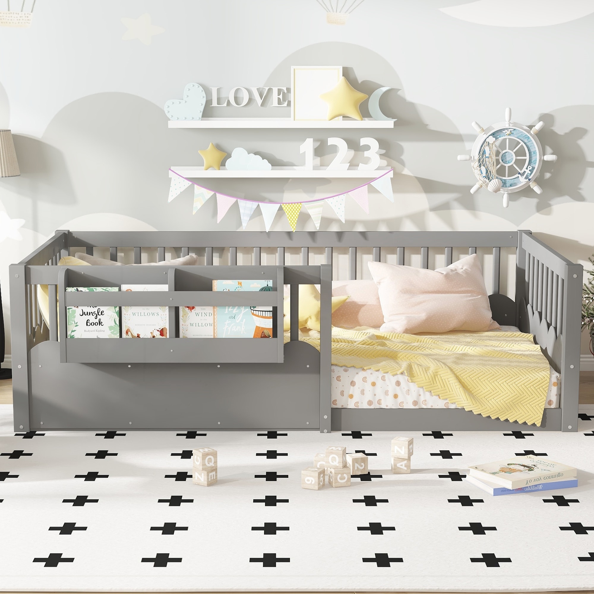 Floor bed with Heightened Fence and bookshelf ,Wood Floor Bed for Kids