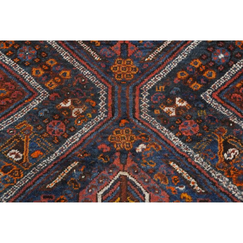 Hand Knotted Oriental 100% Wool Carpet Traditional Tribal Navy Blue & Blues Shiraz Runner Rug - 12' 2'' X 4' 3''