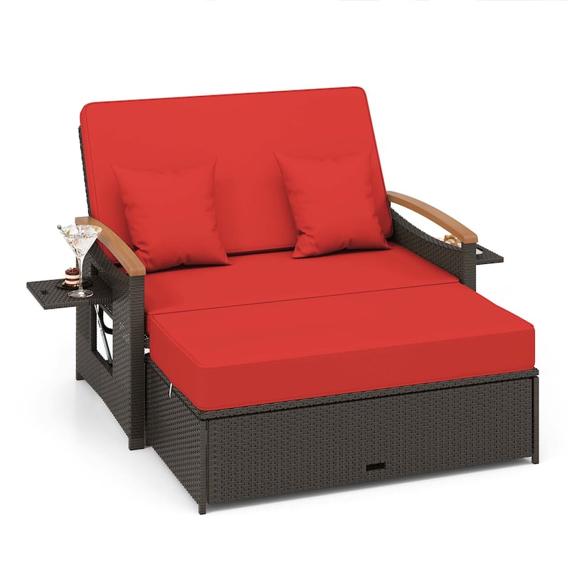 Patio Rattan Daybed Set with Cushioned Loveseat & Storage Ottoman - Red