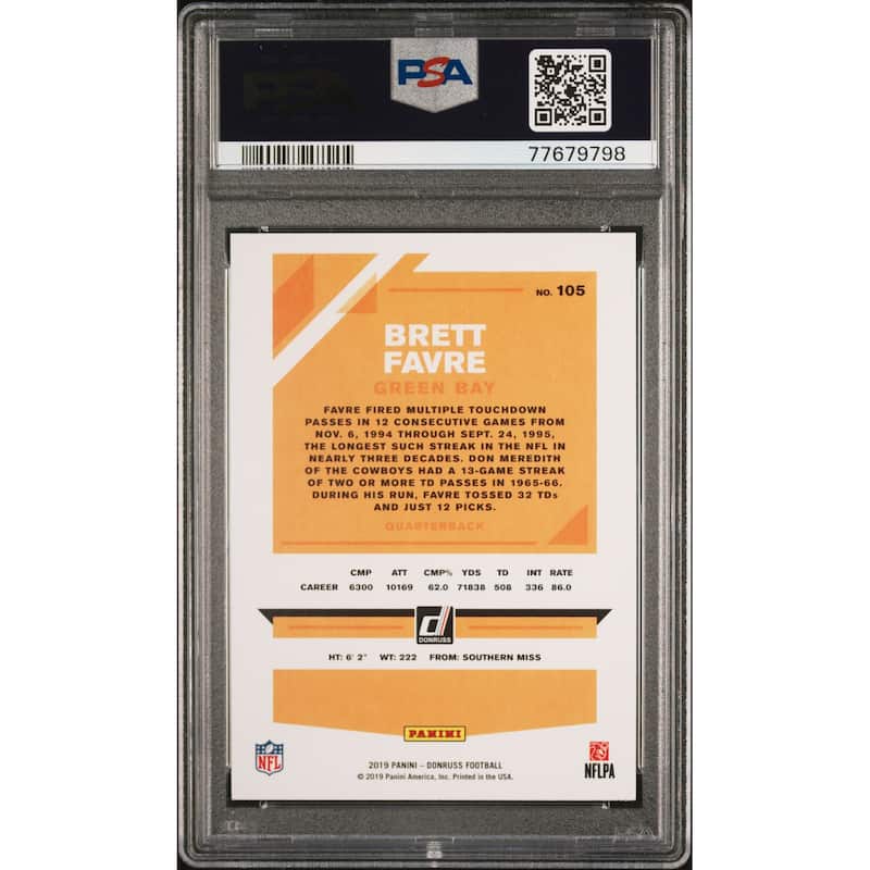 Brett Favre 2019 Panini Donruss Football Card #105 Graded PSA 10 - 8'6" x 11'6"