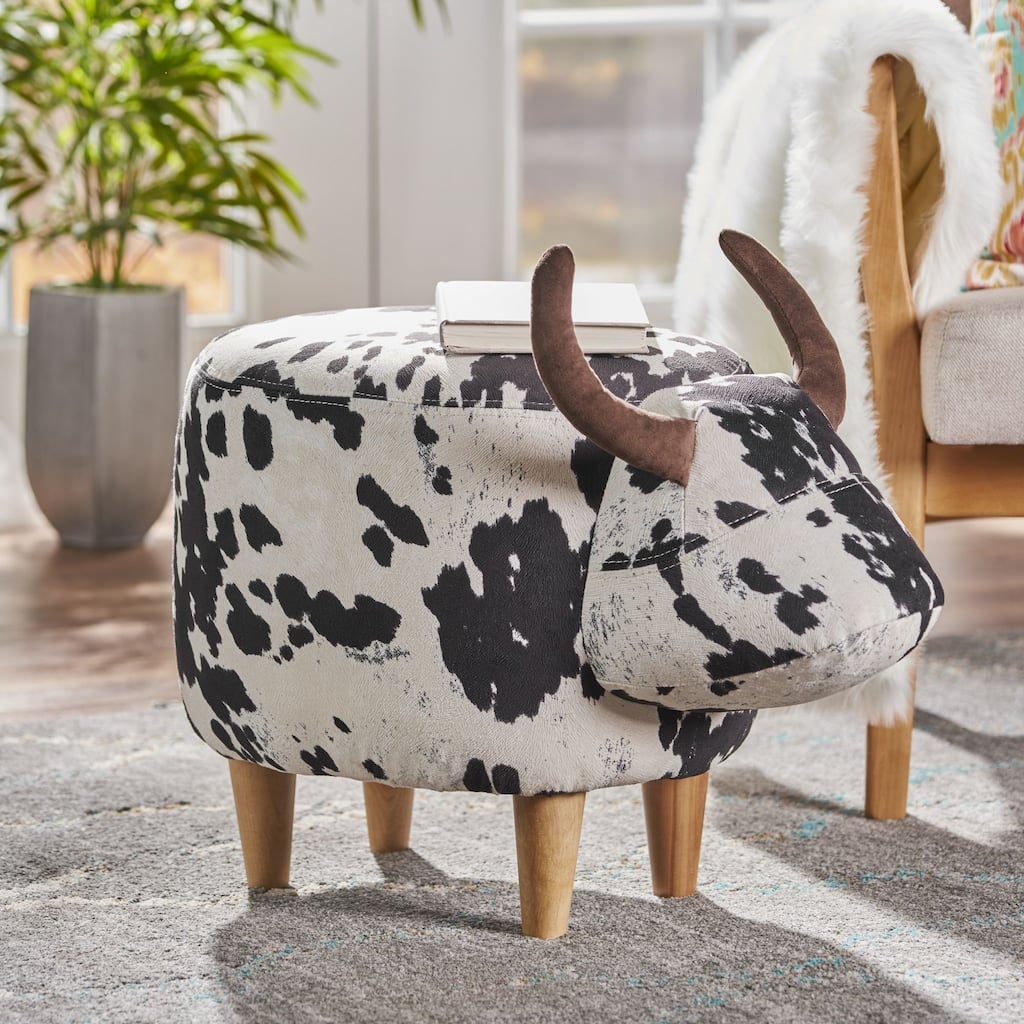 Velvet Cow-Shaped Ottoman, Cute Wood Foot Stool Shoes Changing Seat with Cushioned for Adult Living Room