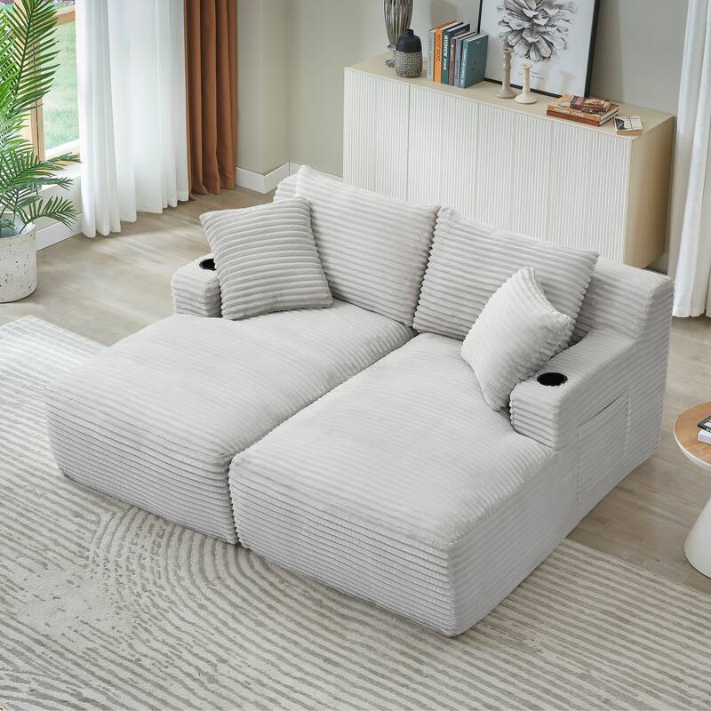 Corduroy Sleeper Sectional Loveseat Sofa, Double Chaise Lounge for Versatility with Cup Holders and Side Pockets - Light Grey