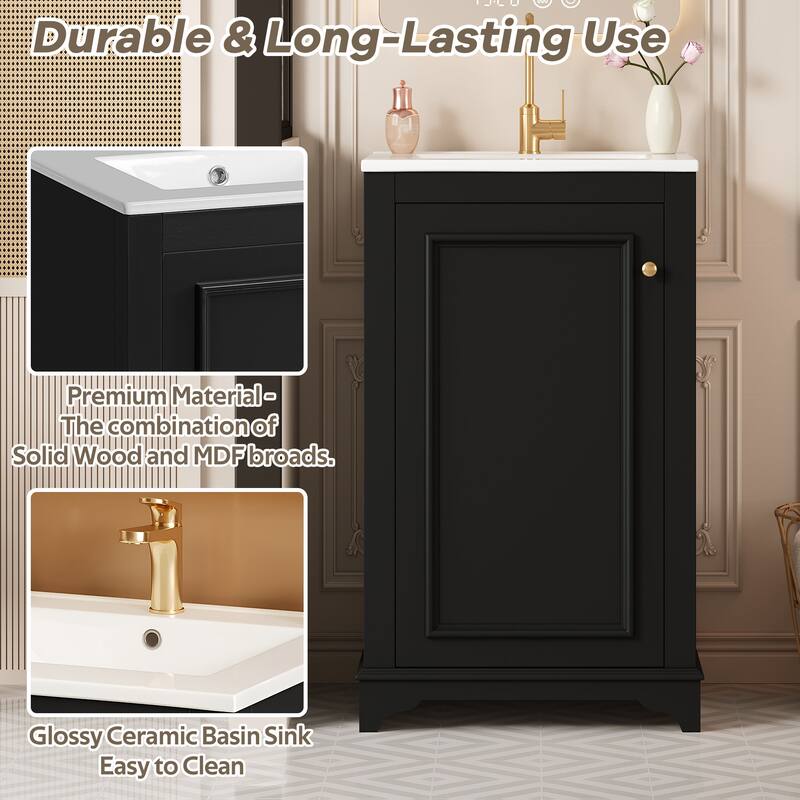 20-Inch Freestanding Bathroom Vanity with Ceramic Sink, Shaker Style, Soft-Close Door, Adjustable Shelf, Solid Wood/MDF