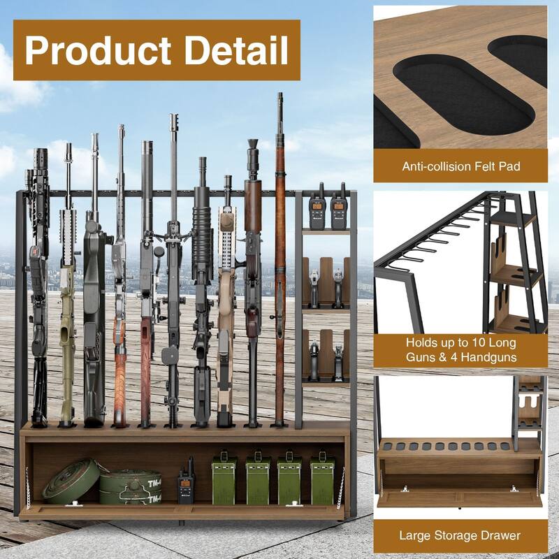 Anmytek Wooden Gun Rack - Floor Standing Display with Pistol Rack, Holds 10 Long Guns & 4 Handguns