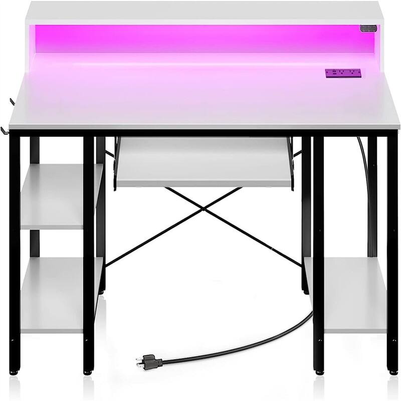 Gaming Desk with Storage Shelves - 21.7"D x 55.1"W x 34.3"H - White