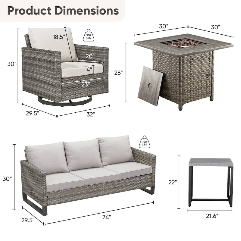 5 Pieces Fire Pit Table with Sofa Swivel Chair Set