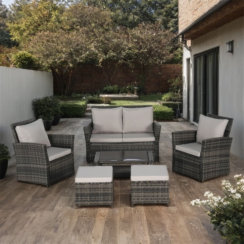 6 PCS Wicker Patio Furniture Sets with Ottoman & Tempered Glass Table - N/A