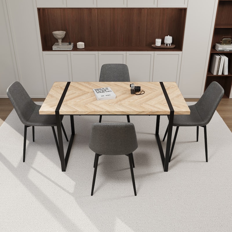 Modern 5-Piece Dining Set with Light Wood Rectangular Metal Base Table & 4 Square Corner Suede Chairs