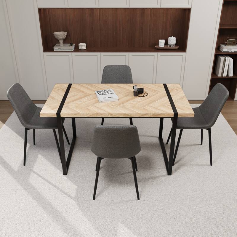 Modern Style 5-Piece Dining Set with Light Wood Rectangular Metal Base Table and 4 Square Corner Suede Dining Chairs