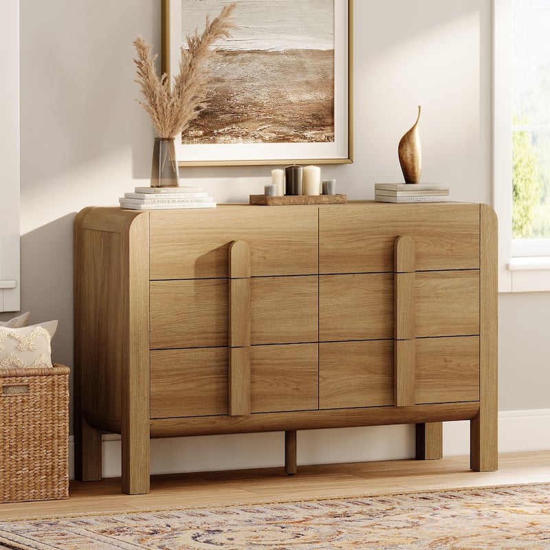 WAMPAT Mid Century Wood 6 Drawer Dresser For Bedroom, Modern Chest Of Drawers With Curved Profile Design
