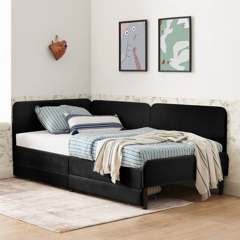Twin Size Upholstered Platform Bed with 2 Storage Drawers, Adjustable Velvet Sofa Bed