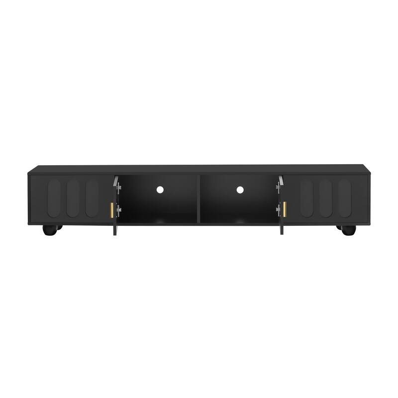Roomfitters Modern TV Stand for up to 80 Inch TV, Storage Cabinet with Glass Door, Wood Legs and Metal Handles, Black