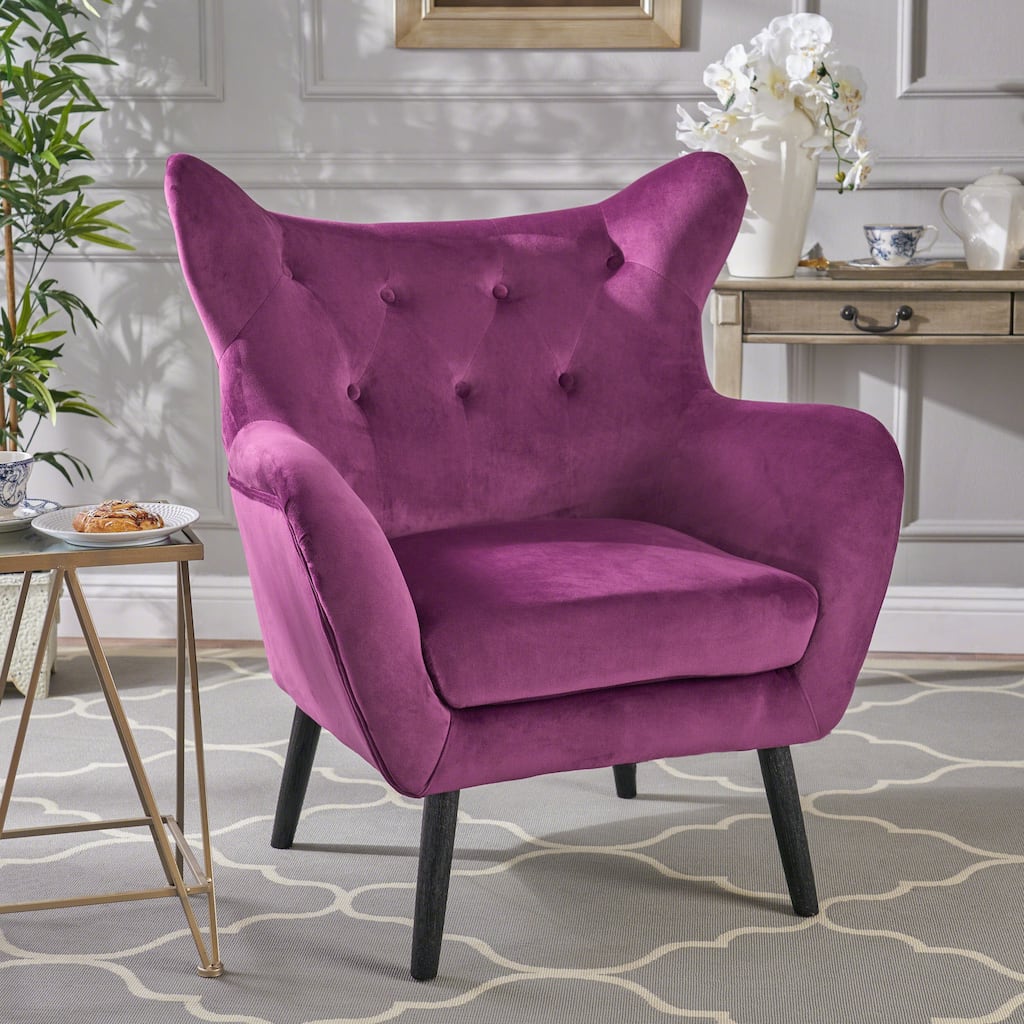 Fuchsia Modern 34.25" Velvet Upholstered Button Tufted Arm Chair with Oak Wood Frame and Semi-Soft Seat