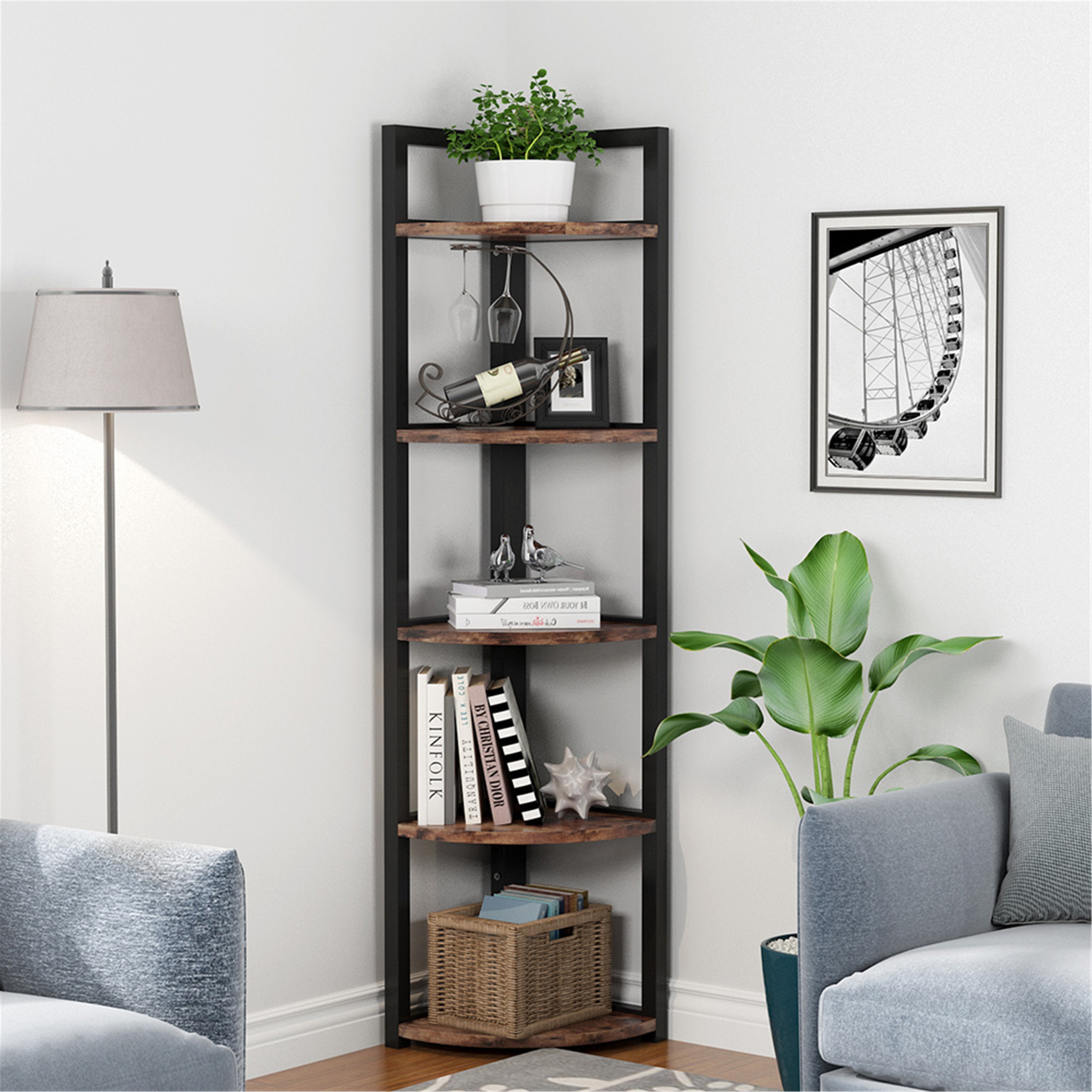 5 Tier Corner Shelf, Rustic Corner Storage Rack Plant Stand