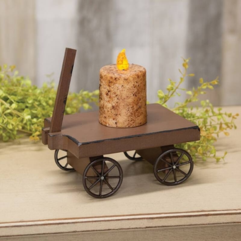 Rustic Brown Wooden Wagon Decor with Metal Wheels and Distressed Finish for Farmhouse Displays - 3" H x 7" W x 4.5" D
