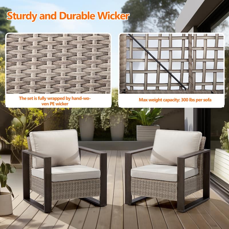 Cozywor 2-Piece Patio Wicker Outdoor Lounge Chair with Metal Frame and Cushions