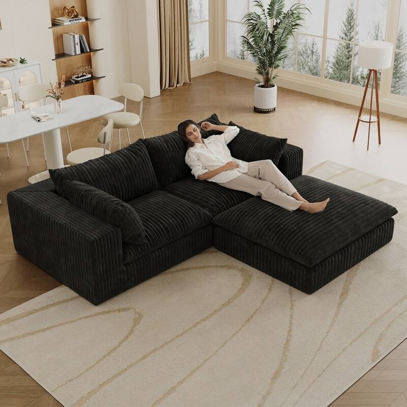 78.80" L-Shape Corduroy Fabric Cloud Sofa with Deep Seat Couches and Ottoman