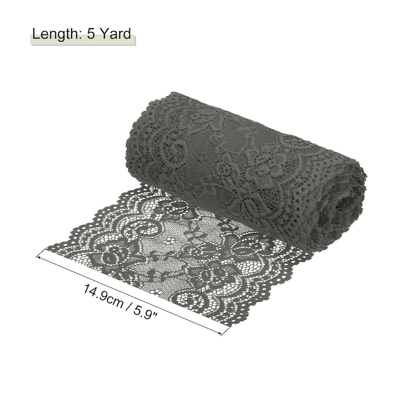 6 Inch Wide 5 Yard Lace Ribbon Floral Pattern Lace Trim Ribbon - Dark Gray