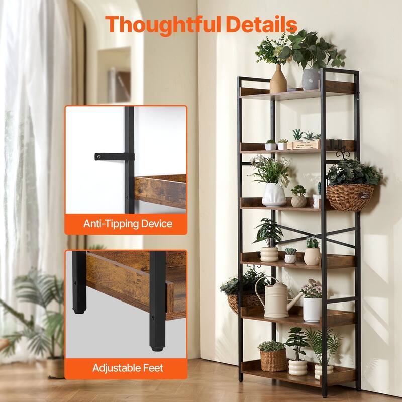 6-Tier Rustic Bookshelf with Black Metal Frame and Open Storage Space Perfect for Any Room - 25.59" x 11.81" x 69.29"