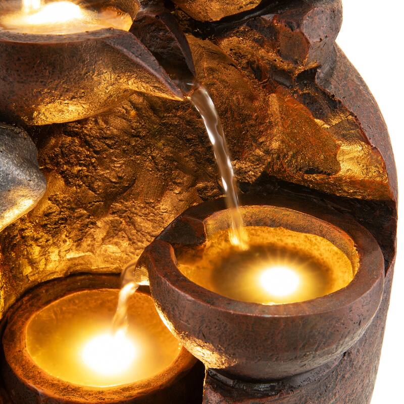 Glitzhome 4-Tiered Dogs or Elephant and Pot Polyresin Outdoor Fountain with Pump and LED Light