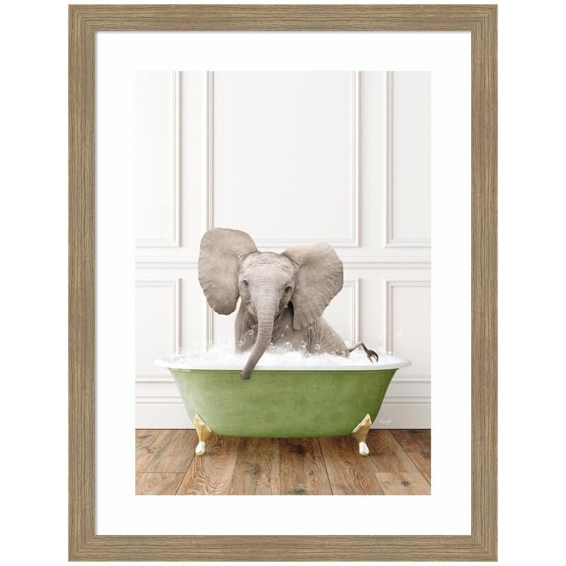 Kate and Laurel Baby Elephant in Transitional Bathtub by Amy Peterson Framed Wall Art Print - 20 x 26 - Brown