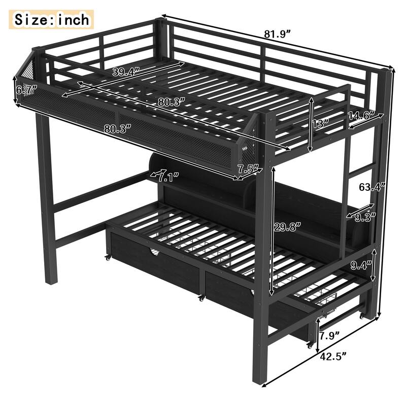 Twin XL over Twin XL Bunk Bed with Storage Shelves and Drawers,Multifunctional Metal Bunk Beds with USB Ports and LED Lights
